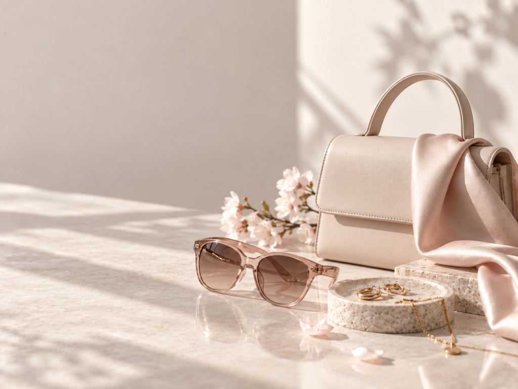 Illustration of a handbag, sunglasses and fashion accessories